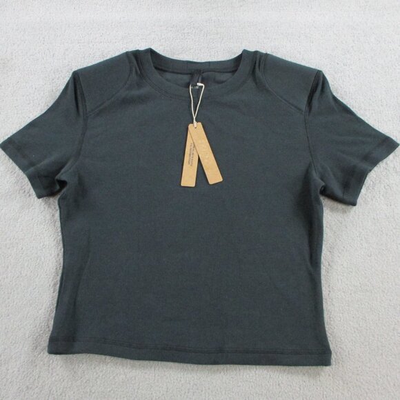 SKIMS Cotton Rib Short Sleeve Top Womens Medium Soot Black Padded Shoulder NWT - Picture 2 of 9
